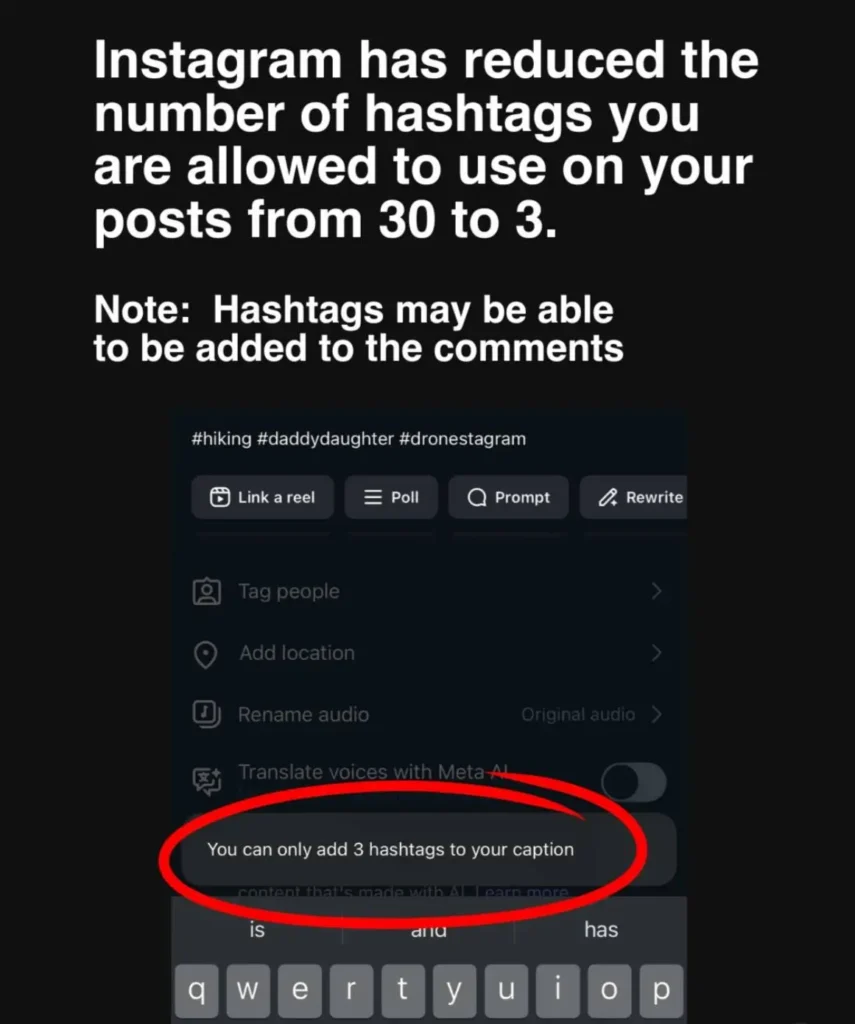 new instagram update today hashtag limit screenshot